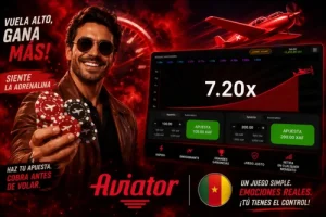 Banner promocional de Aviator con multiplicador 7.20x y bandera de Camerún