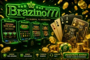 Banner verde de Brazino777 con tragamonedas y monedas