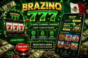 Banner verde de Brazino777 con tragamonedas 777 y smartphone