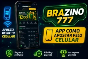 Banner de la aplicación móvil Brazino777 con interfaz de apuestas deportivas